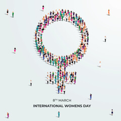 8th March happy international women's day concept. A large group of different professional Women form to create female sign. Feminism. Women’s equality and women's empowerment. Vector Illustration.