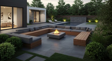 Backyard Fire Pit Area with Modern Seating and Swimming Pool