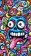 Colorful abstract illustration featuring playful skulls and faces