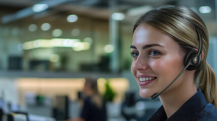 Smiling customer rep in office wears earphones, talks to customers. Shows positive work culture.