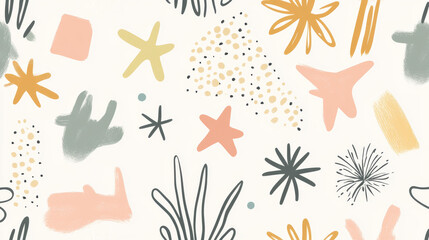 Colorful abstract shapes and patterns on light background create playful design