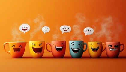 Playful Coffee Cups with Funny Expressions – Quirky and Whimsical Beverage Art - This bright and engaging artwork captures a joyful coffee culture vibe, perfect for cafes, coffee lovers, and creative 
