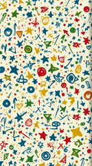 Colorful abstract pattern with stars, arrows, and shapes on light background