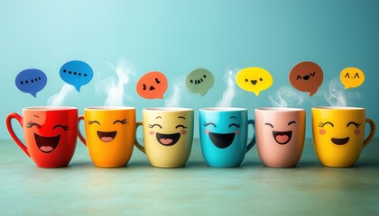 Playful Coffee Cups with Funny Expressions – Quirky and Whimsical Beverage Art - This bright and engaging artwork captures a joyful coffee culture vibe, perfect for cafes, coffee lovers, and creative 