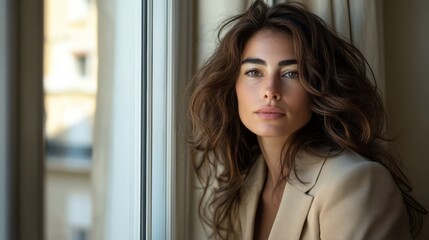 Fototapeta premium The beige suit not only showed off her professional look, but also conveyed a reserved power and elegance