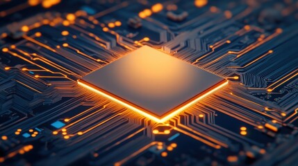 Close-up view of a microchip illuminated with orange lights, showcasing intricate circuit patterns and a sleek design
