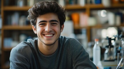 Obraz premium Portrait of a happy and cheerful male student smiling in a laboratory or library setting, showcasing education, learning, and academic achievement