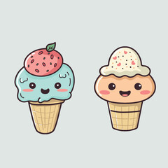 Cute couple ice cream character kawaii hand drawn in flat cartoon style