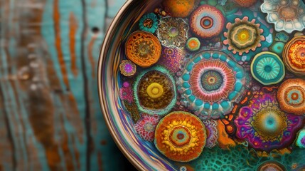 A vibrant array of colorful circular patterns resembling flowers in a shallow bowl with wooden background