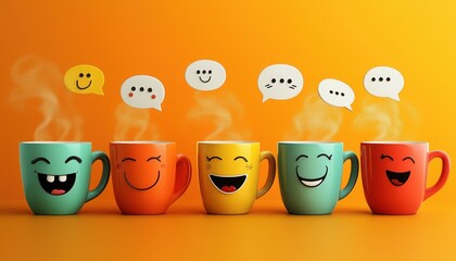 Playful Coffee Cups with Funny Expressions – Quirky and Whimsical Beverage Art - This bright and engaging artwork captures a joyful coffee culture vibe, perfect for cafes, coffee lovers, and creative 