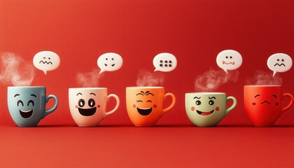 Playful Coffee Cups with Funny Expressions – Quirky and Whimsical Beverage Art - This bright and engaging artwork captures a joyful coffee culture vibe, perfect for cafes, coffee lovers, and creative 