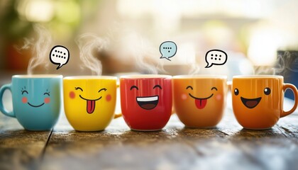 Playful Coffee Cups with Funny Expressions – Quirky and Whimsical Beverage Art - This bright and engaging artwork captures a joyful coffee culture vibe, perfect for cafes, coffee lovers, and creative 