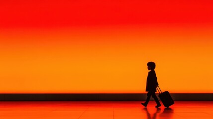 Fototapeta premium Silhouette of a child walking with a suitcase against a vibrant orange sunset gradient background, evoking a sense of adventure and travel
