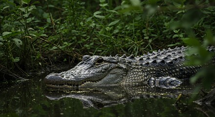 Fototapeta premium Alligator Resting in Swamp Water with Green Vegetation Around Wildlife
