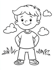 Obraz premium Coloring page for kids featuring happy boy with clouds and grass