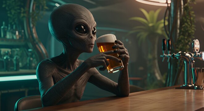 Alien Enjoying a Beer at a Bar Out of This World
