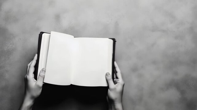 Hands Holding Open Blank Book Against Gray Background Symbolizing Knowledge and Learning with Space for Text or Design in Minimalist Style