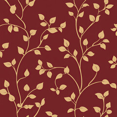 Elegant floral pattern with golden leaves on deep red background