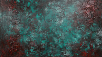 Obraz premium Textured abstract painting with teal and red hues, creating moody atmosphere