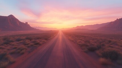 Desert road stretching into the horizon at sunset with pink and orange sky, distant mountains. Tranquil and adventurous travel concept