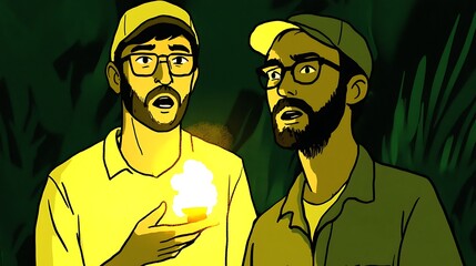 Two Men in Forest Holding Light, Surprised Expressions, Nighttime Adventure