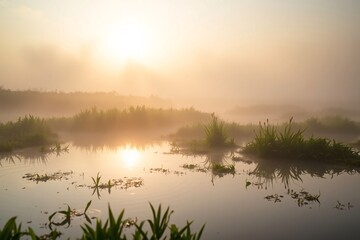 Obraz premium serene misty wetland landscape at sunrise with lush vegetation