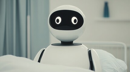 A friendly, cartoon-style robot with wide eyes, appearing curious while sitting on a bed in a softly lit room