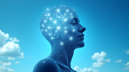 A translucent head silhouette with a glowing network of nodes and lines against a blue sky with clouds. Symbolizes connectivity, innovation, and limitless possibilities.