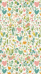 Colorful floral pattern with hearts and various plants on light background