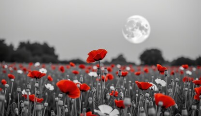 Obraz premium A striking monochromatic landscape is punctuated by vibrant red poppies, creating a powerful visual contrast. The scene is set against a backdrop of a large, luminous moon
