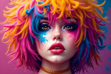 Naklejka premium Vibrant Digital Art of a Girl with Colorful Hair and Makeup