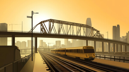 Obraz premium train travels under bridge in cityscape at sunset, creating warm atmosphere