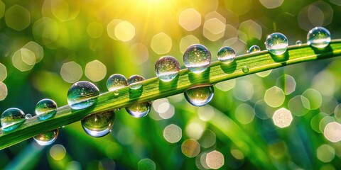 Obraz premium Macro Photography Water Droplets Grass Leaf Bokeh Soft Light Dew Drops Nature Background