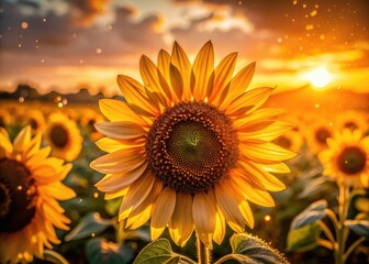 Macro Sunset Sunflowers: Vibrant Field Photography, Golden Hour, Close Up Flower Details