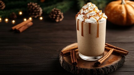 Festive butterscotch milkshake in a rustic glass topped with whipped cream and caramel drizzle, surrounded by cinnamon sticks and Thanksgiving table decor