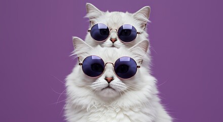 Obraz premium Cool Cats Stacking Up Two White Cats Wearing Round Sunglasses