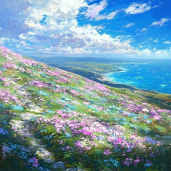 Fototapeta premium landscape with colorful flowers and scenic ocean view