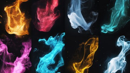 Colorful smoke swirls, dark backdrop, design elements