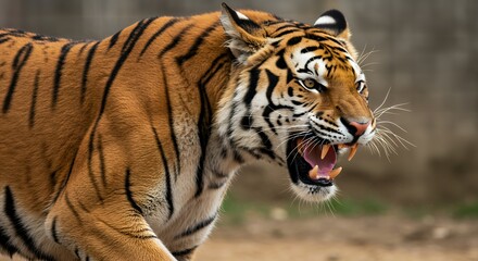 Obraz premium Roaring Tiger with Visible Fangs Shows Power and Aggression in Profile
