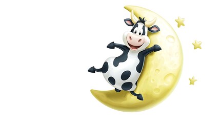 Happy Cartoon Cow Sitting on Crescent Moon with Stars in a Whimsical Nighttime Scene