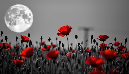 Obraz premium A striking monochromatic landscape is punctuated by vibrant red poppies, creating a powerful visual contrast. The scene is set against a backdrop of a large, luminous moon
