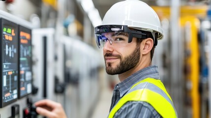 Obraz premium hologram industry concept. Engineer Wearing Glasses Interacting with Holographic Interface in Industrial Setting