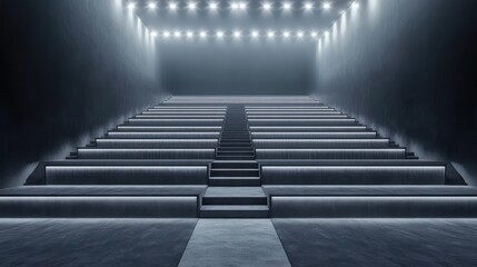 Lit stage, empty seats, dark hall, event