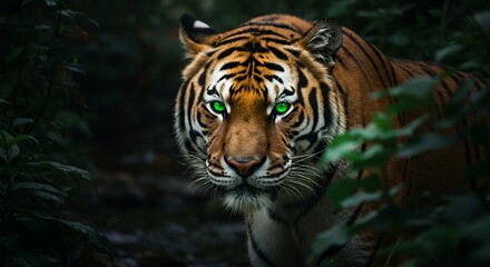 Obraz premium Stunning Tiger Portrait with Piercing Green Eyes in Dark Jungle Setting