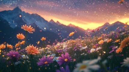 Naklejka premium Magical sunset, mountain flowers