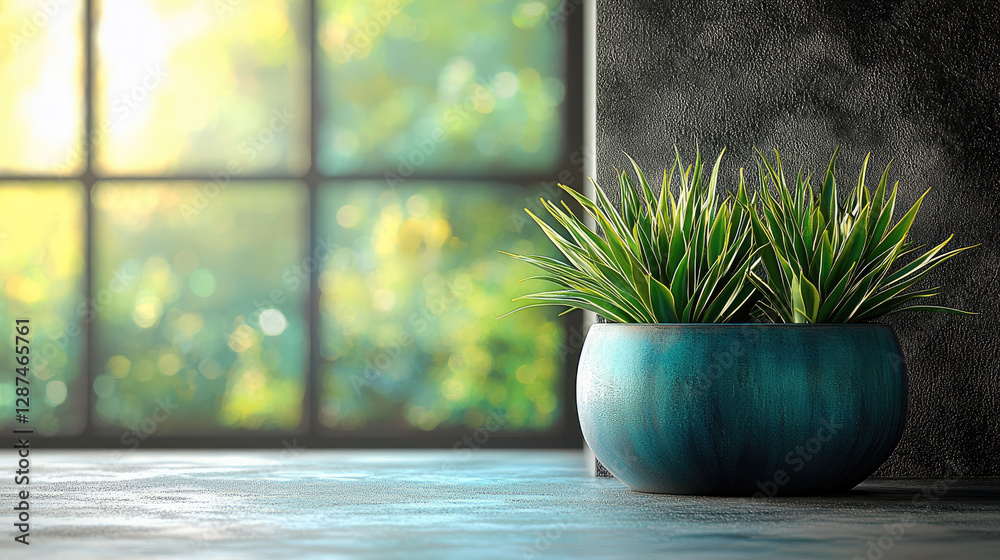Poster vibrant houseplant in blue pot adds refreshing touch to modern interior. soft sunlight filters throu