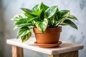 Fototapeta premium Marble Queen Pothos, Tilt-Shift Houseplant Photography, Top View, Terracotta Pot, Green White Leaves