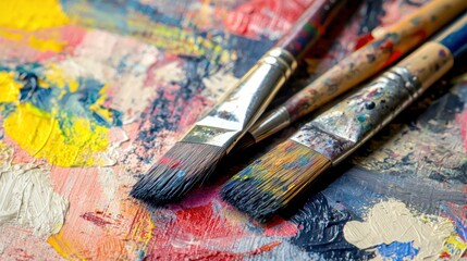 Obraz premium Artistic Palette with Paintbrushes Close Up Capturing Vibrant Colors and Textures for Creative Projects and Art Supplies in Studio Setting