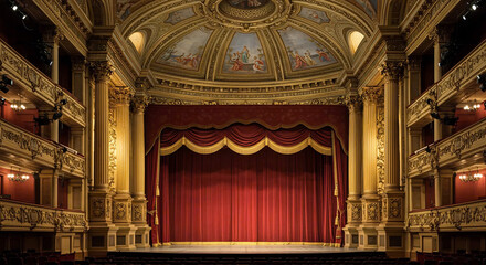 Fototapeta premium Grand Theater Stage with Red Velvet Curtains and Ornate Gold Details