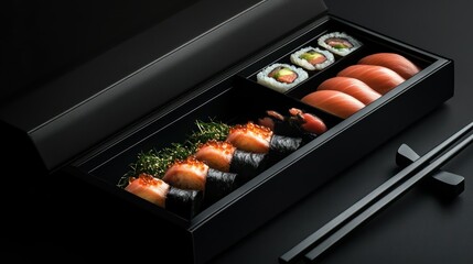 Black sushi box, dark background
